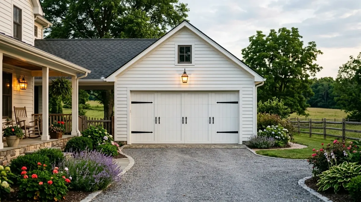 Farmhouse double garage door with white vertical planks, black hardware, and welcoming porch lights.