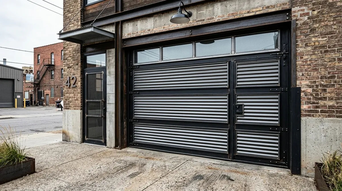 Industrial modern garage door with corrugated metal finish, steel frame, and exposed exterior structure.