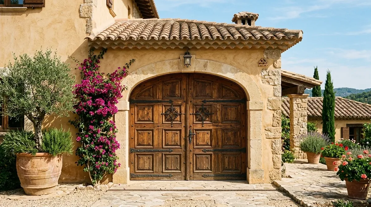Mediterranean-inspired arched garage door with wood panels, stucco walls, and terracotta roof.