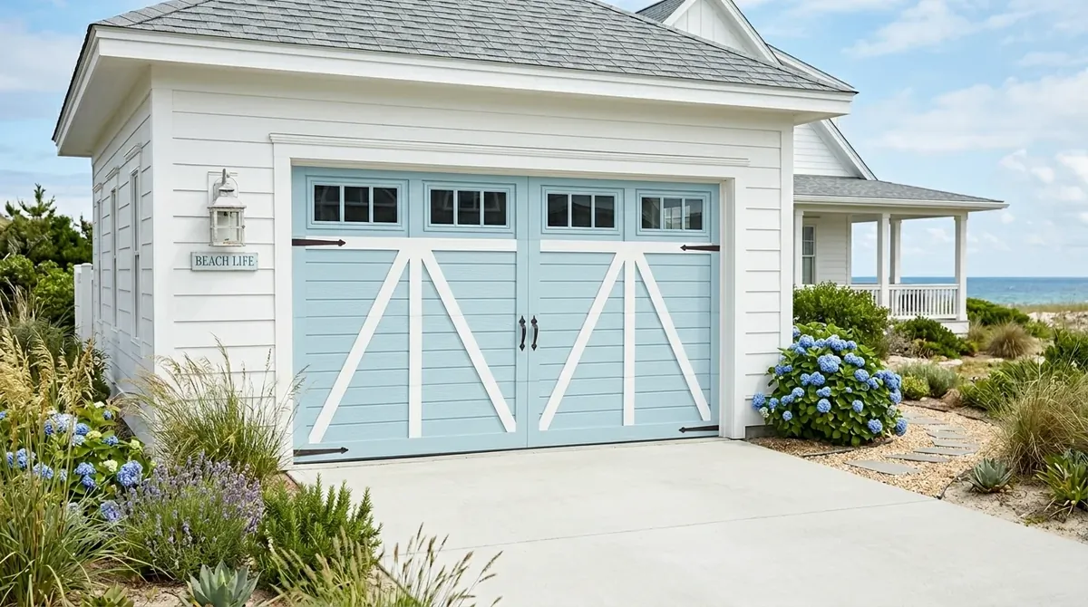 Coastal garage door in light blue with white trim, shiplap texture, and breezy landscaping.