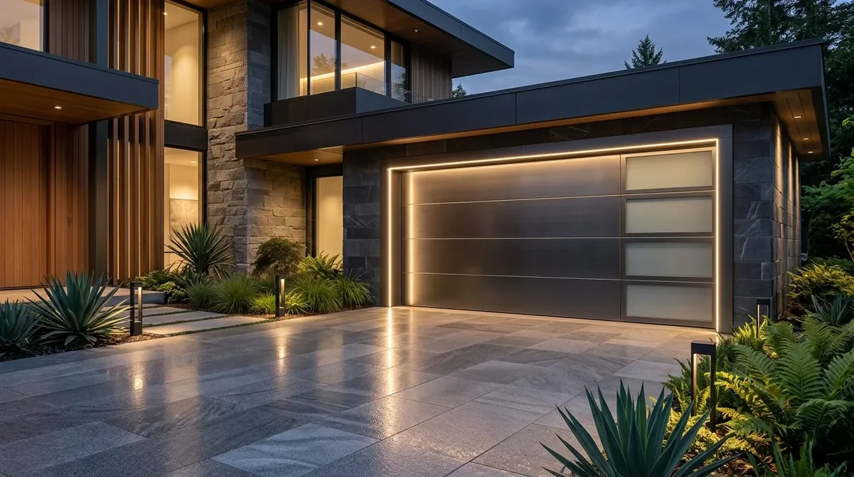 Luxury smart garage door with seamless panels, LED edge light, and polished stone driveway.