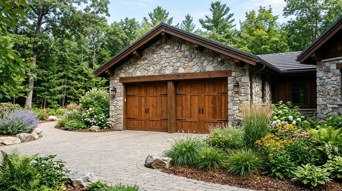 Garage door framed by stone facade with warm wood panels and landscaped front beds.