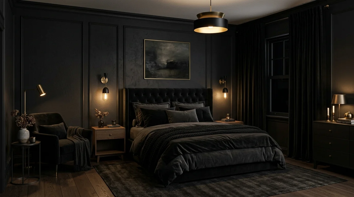 Dark black bedroom with matte walls, velvet bed, gold lighting, and layered textiles.