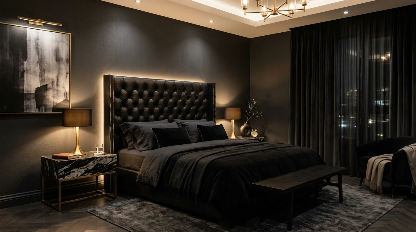 Luxury black bedroom with charcoal walls, leather headboard, marble tables, and warm ambient lighting.