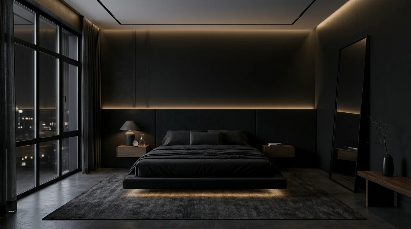 Modern minimalist black bedroom with low platform bed, hidden LED lighting, and restrained decor.
