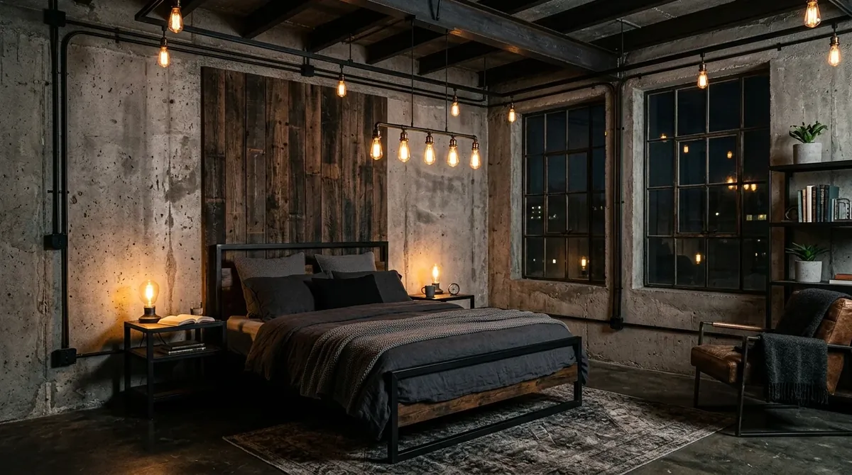 Industrial moody bedroom with exposed concrete, black metal fixtures, dark wood, and Edison lighting.