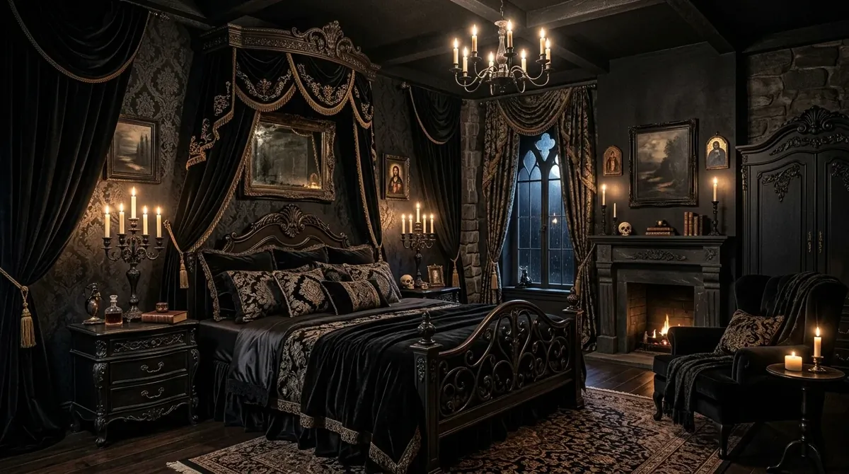 Gothic black bedroom with ornate furniture, heavy drapery, candle-style lighting, and deep textures.