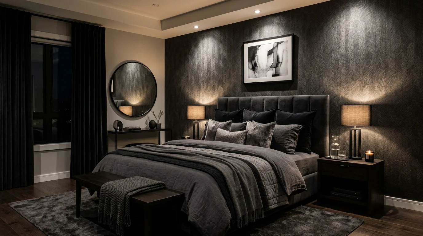 Elegant monochrome bedroom with black and gray layers, plush bedding, textured wallpaper, and soft spotlighting.