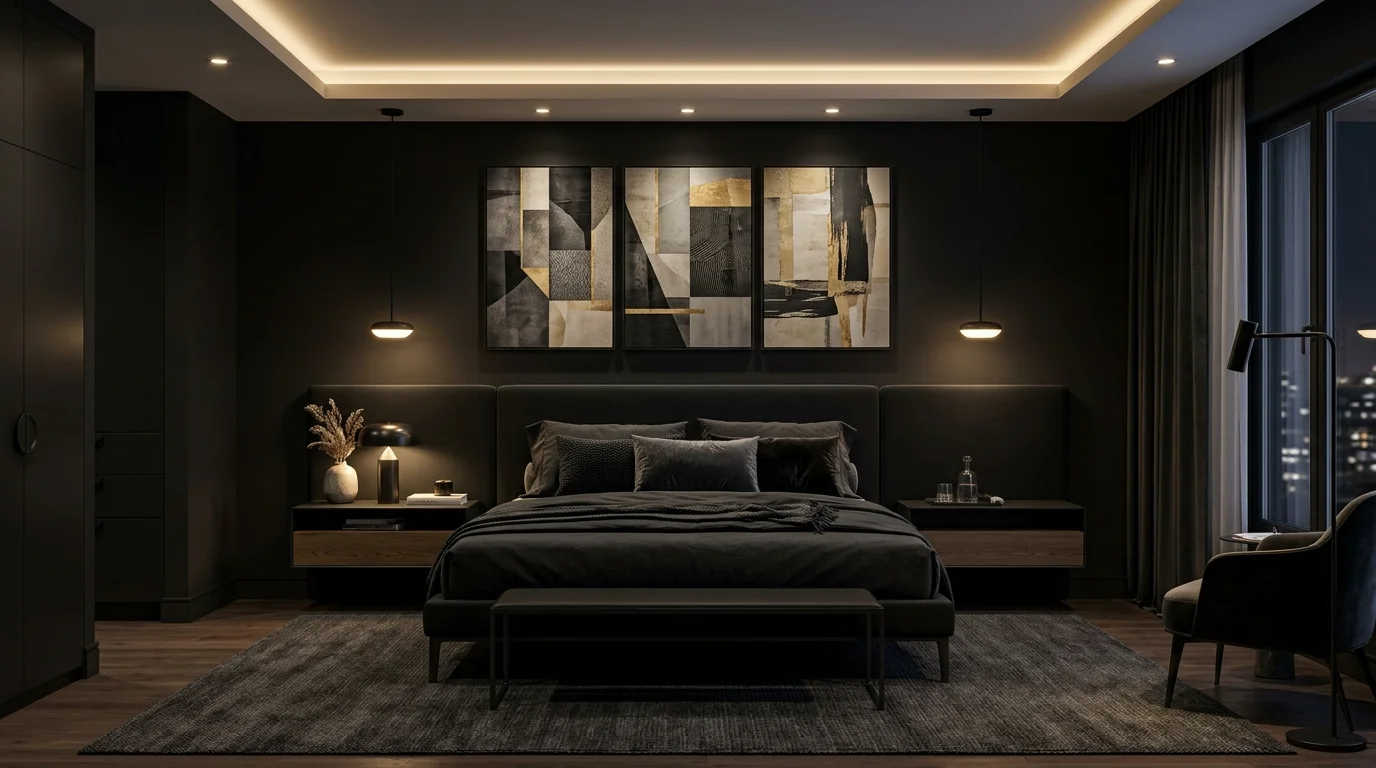Contemporary black bedroom with abstract art, floating nightstands, and warm recessed lighting.