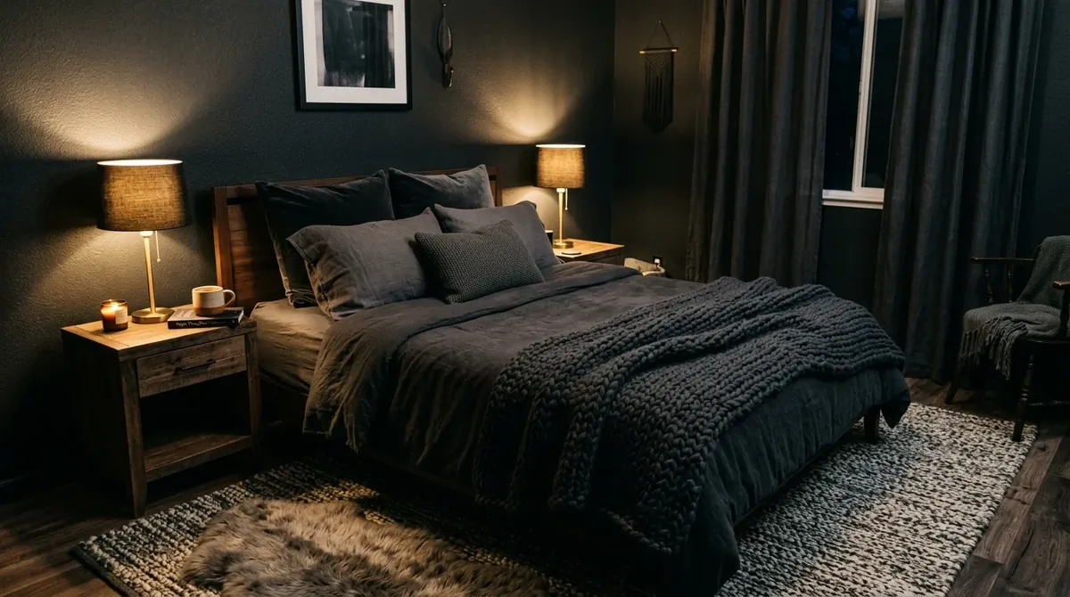 Cozy moody bedroom with charcoal walls, wool blankets, layered rug, and warm bedside lamps.
