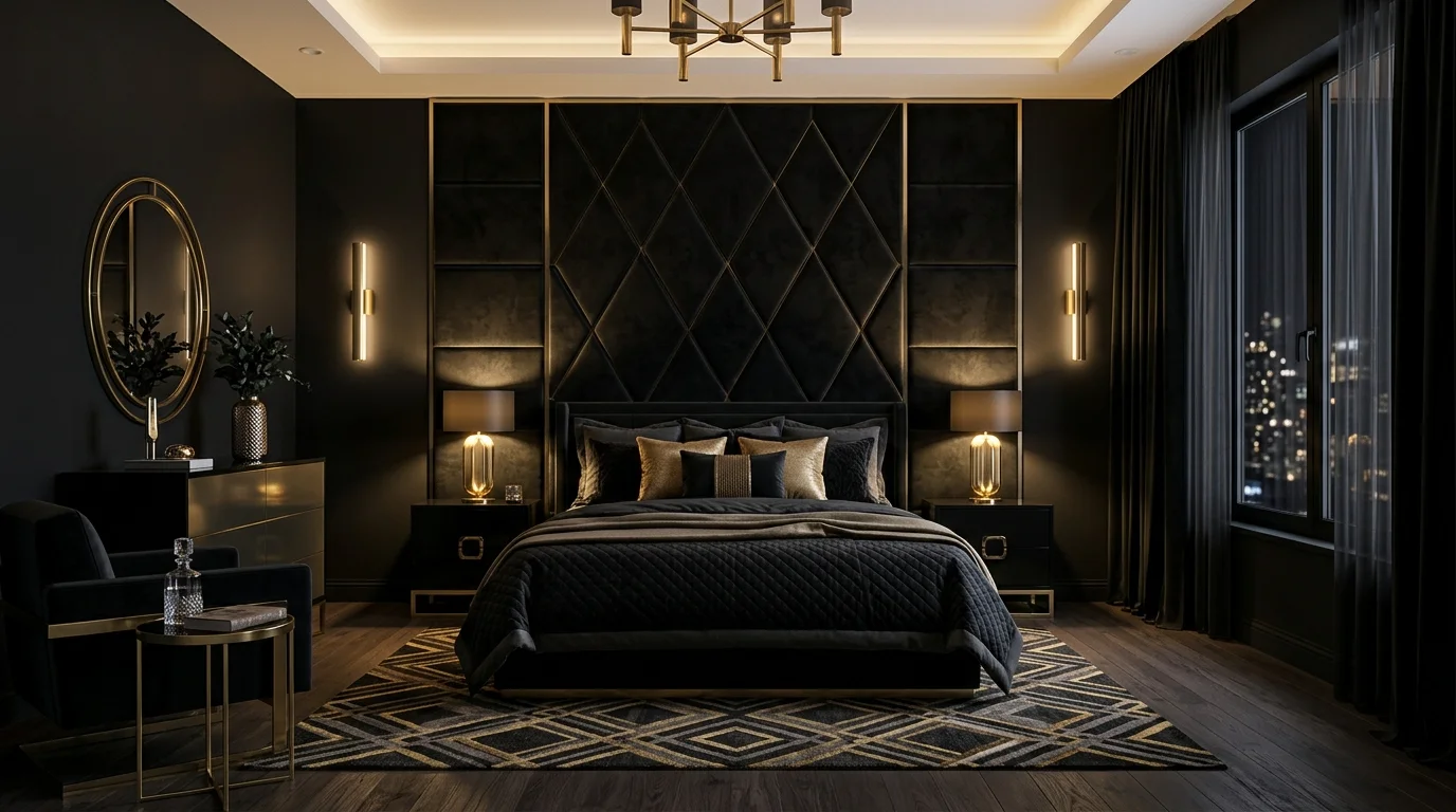Luxury hotel-style black bedroom with upholstered headboard wall, gold fixtures, and soft ambient glow.