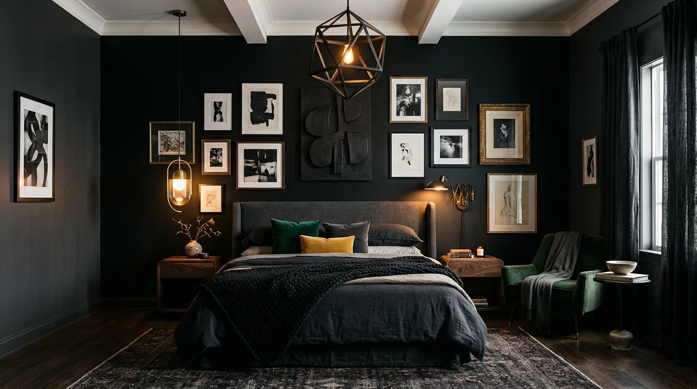Artistic black bedroom with black accent wall, framed art, sculptural lighting, and mixed textures.