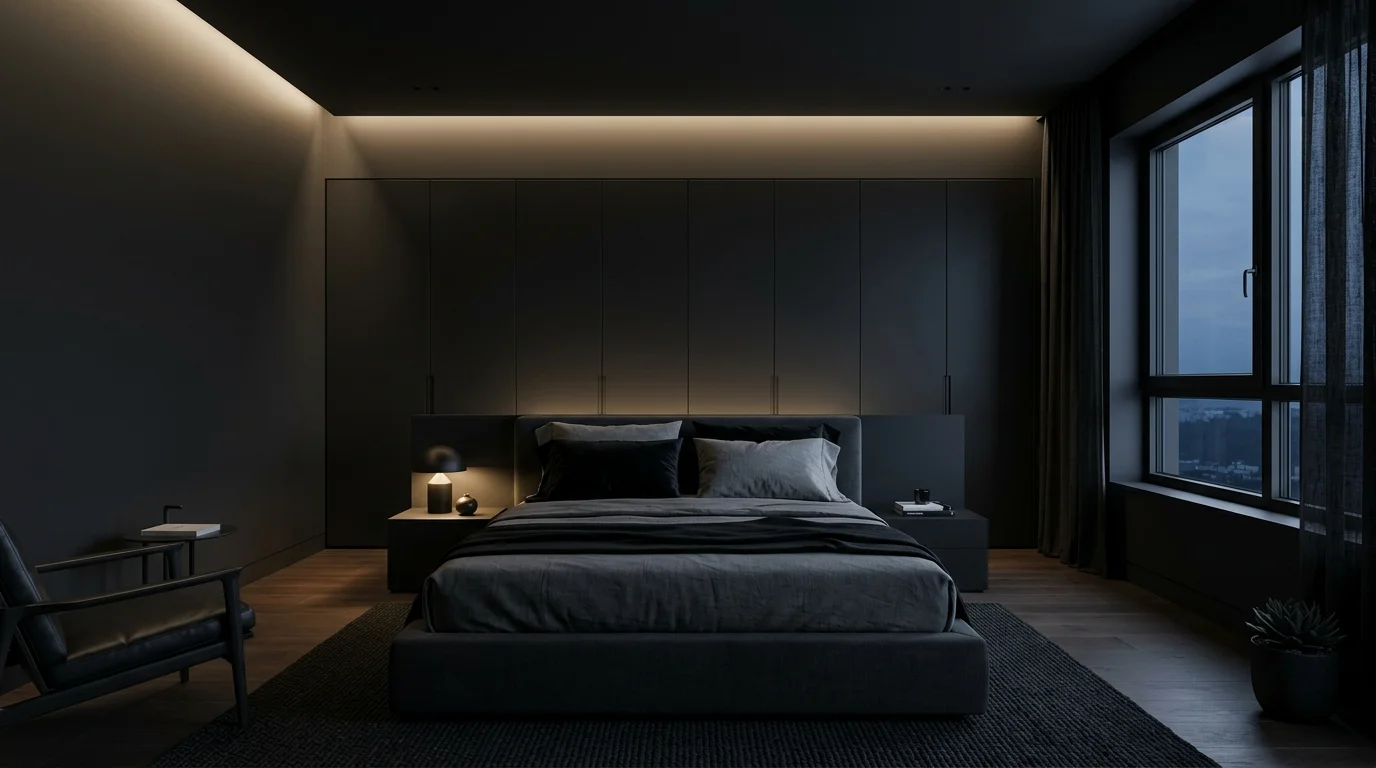 Minimal luxury black bedroom with seamless storage, indirect lighting, monochrome bedding, and architectural calm.