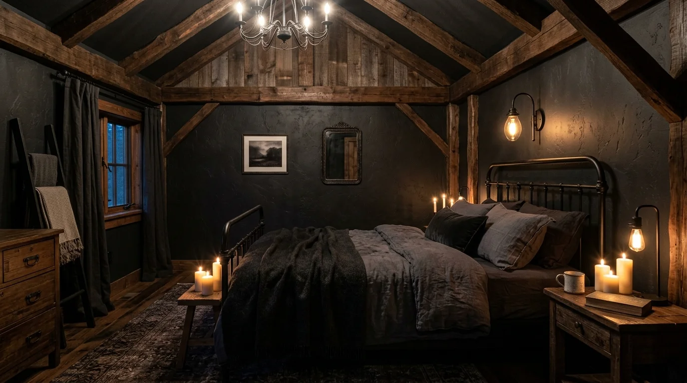 Rustic moody black bedroom with dark wood beams, black iron details, linen bedding, and candle-like glow.