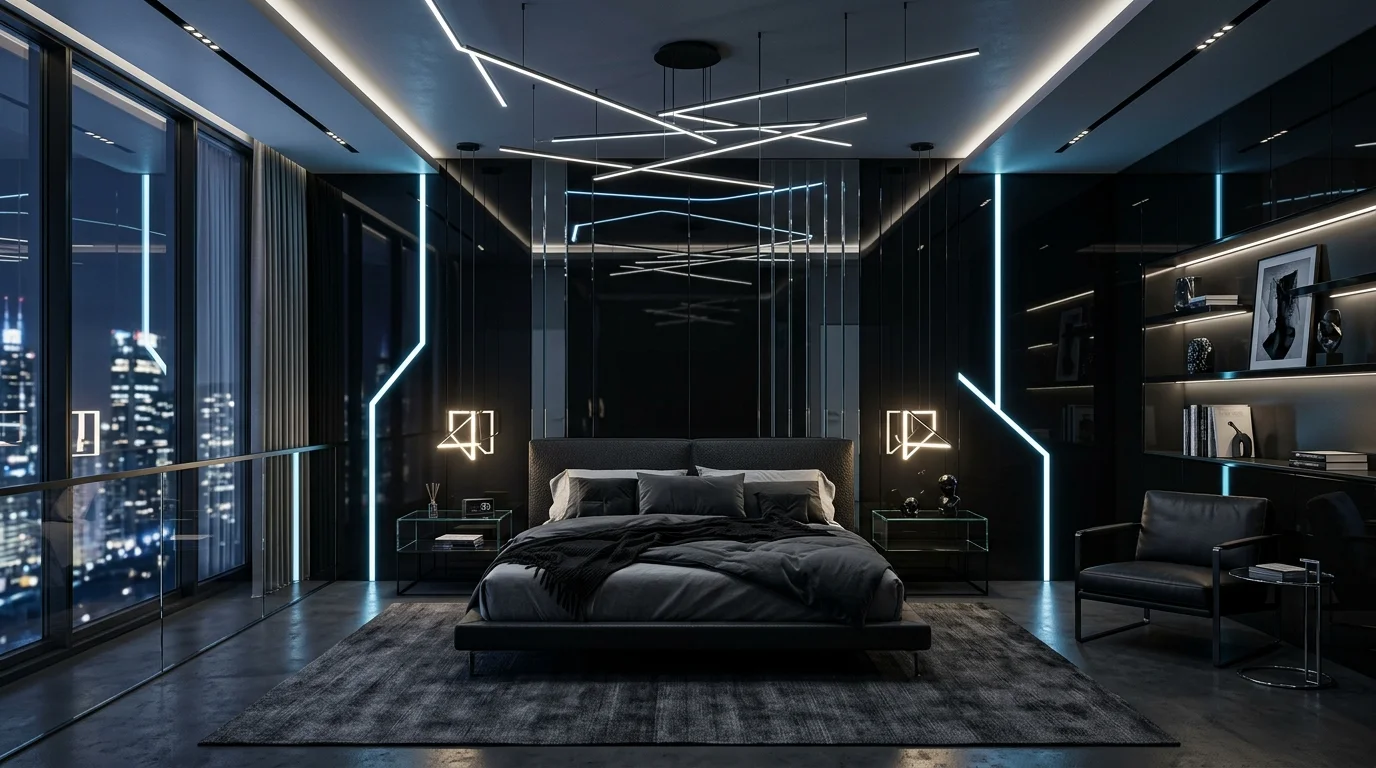 Ultra-modern black bedroom with glossy black panels, glass accents, futuristic lighting, and minimalist furniture.
