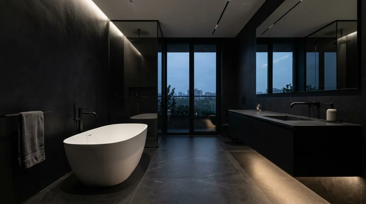 Ultra modern black bathroom with dark stone surfaces, white tub, and hidden LED strip lighting.