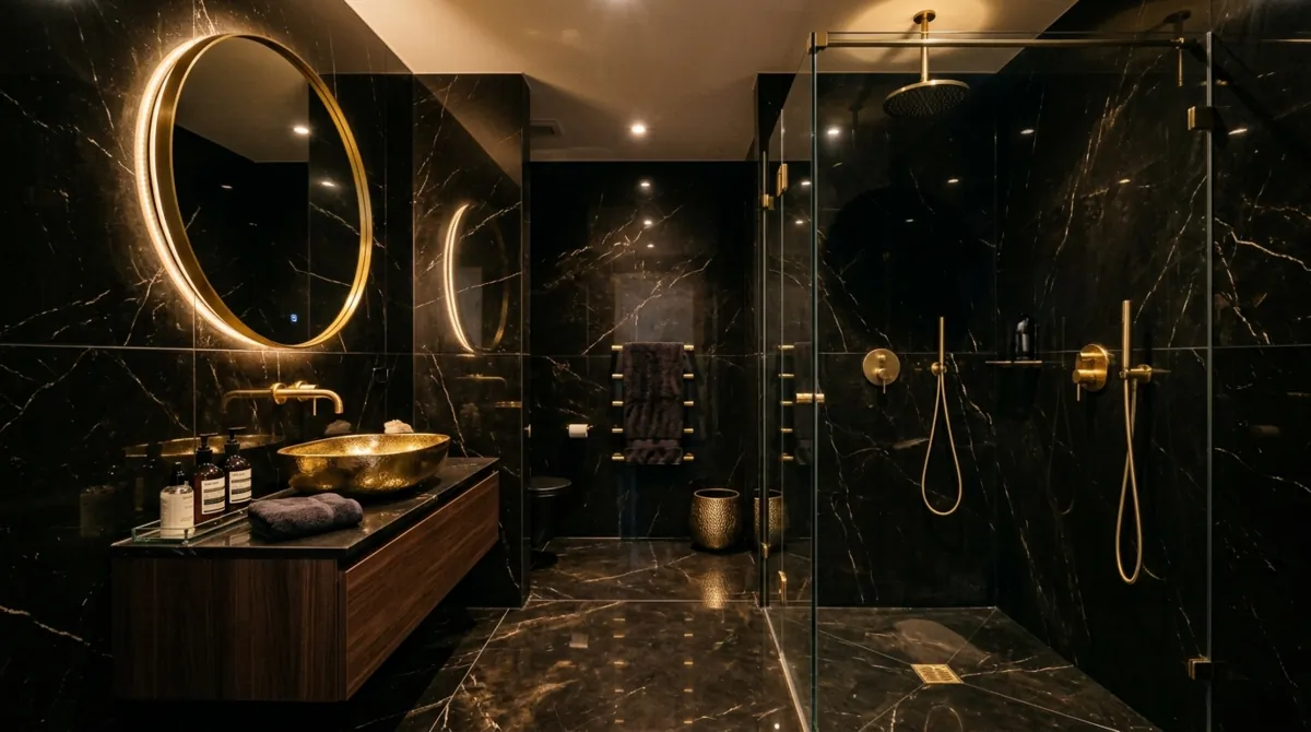 Moody luxury bathroom with black marble walls, gold fixtures, glass shower, and warm low lighting.