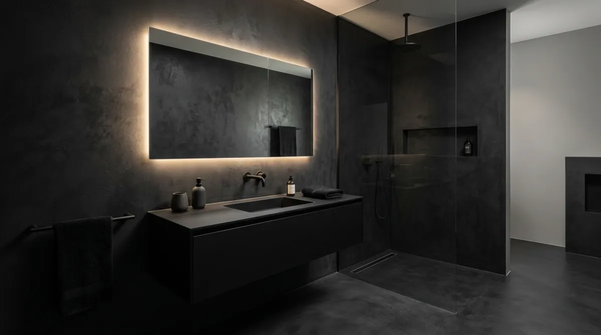 Minimalist all-black bathroom with textured microcement, floating vanity, and backlit mirror.