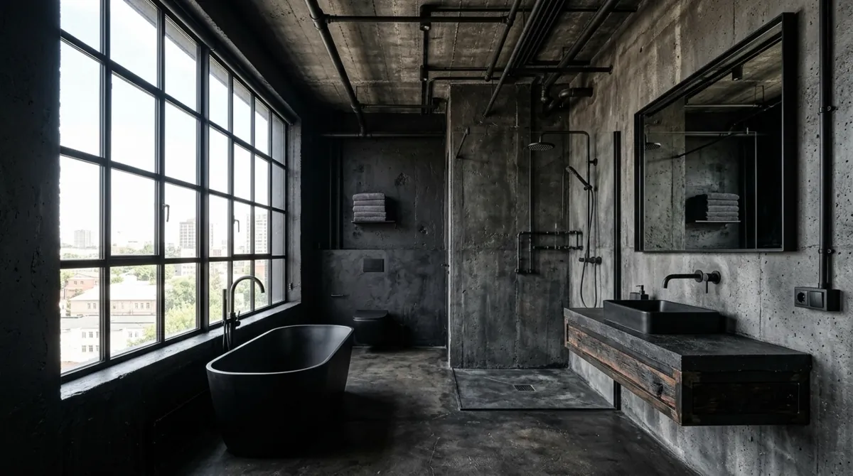 Industrial black bathroom with concrete walls, exposed piping, grid window, and matte fixtures.