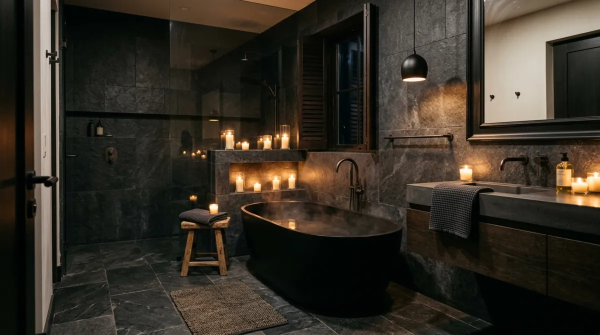 Elegant black bathroom with charcoal stone tiles, soaking tub, candle lighting, and warm ambient glow.