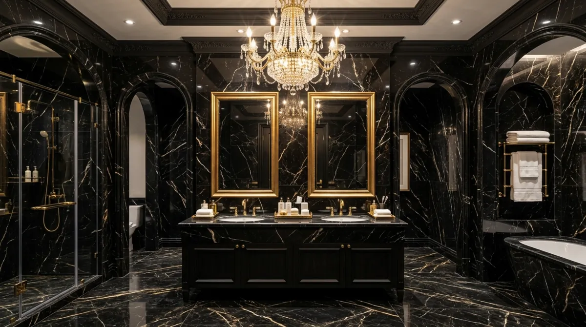 Luxury black marble bathroom with double vanity, gold mirrors, chandelier lighting, and glossy surfaces.