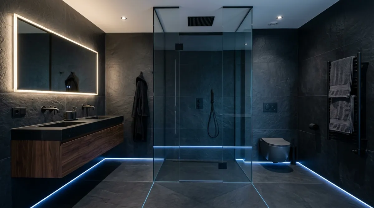 Contemporary black bathroom with slate tiles, glass shower, rainfall head, and subtle blue LED floor lighting.