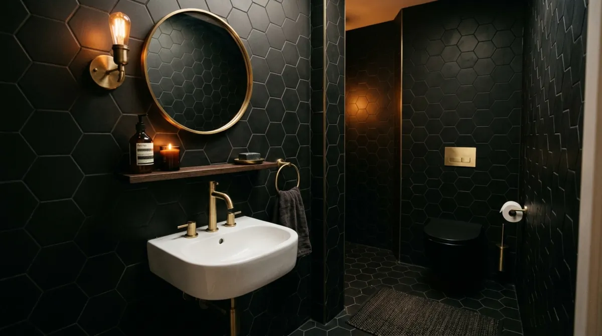 Compact black bathroom with black hexagon tiles, white sink, brass faucet, and dim warm lighting.