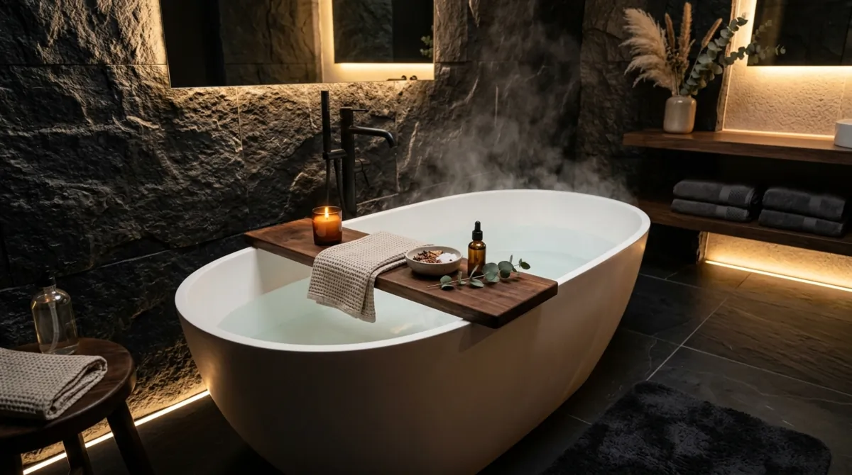 High-end spa bathroom with textured black stone walls, freestanding tub, steam, and warm indirect light.
