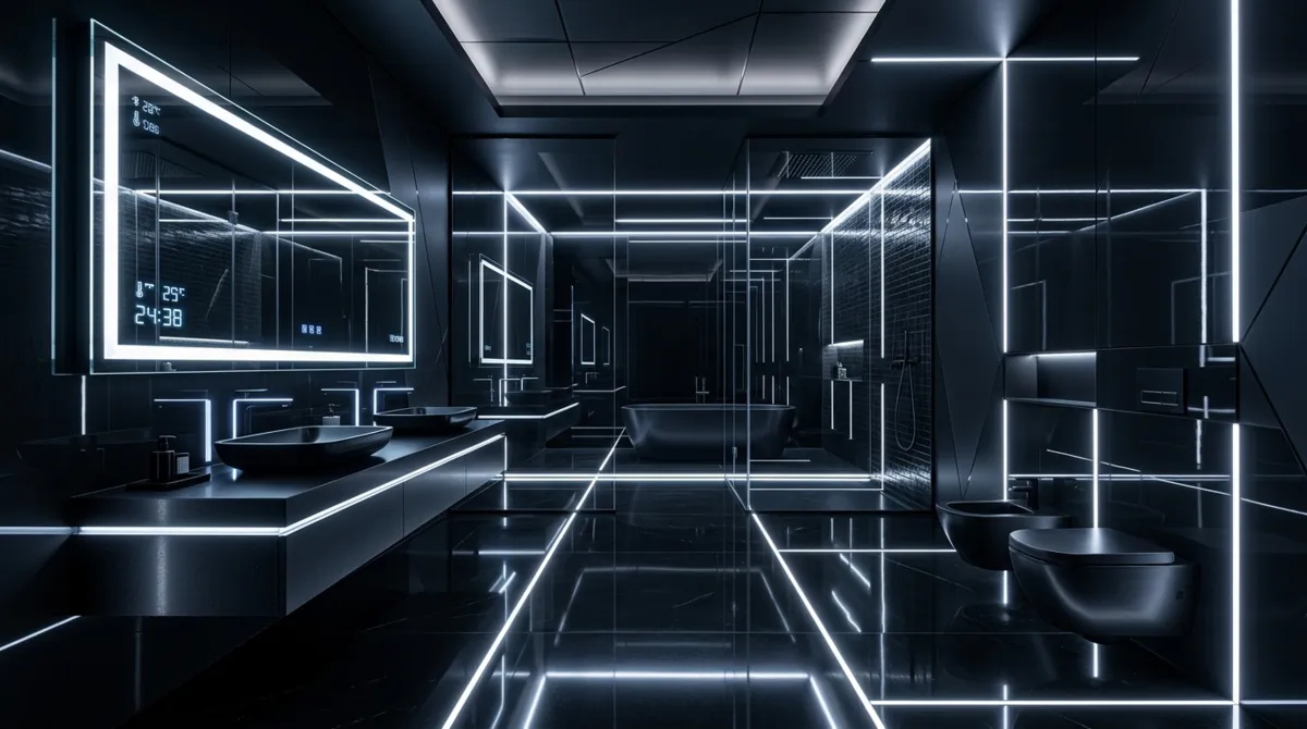 Futuristic black bathroom with reflective surfaces, embedded LED lines, floating vanity, and sci-fi styling.