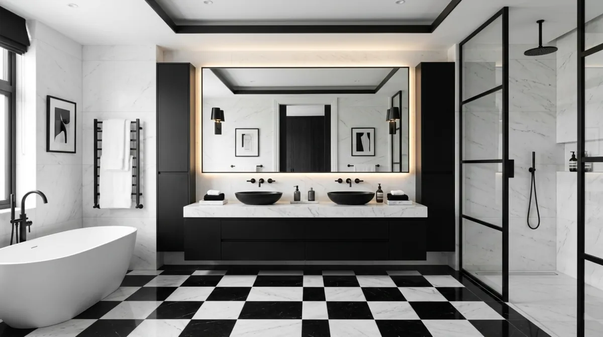 Elegant monochrome bathroom with black and white marble floors, matte cabinetry, and large backlit mirror.