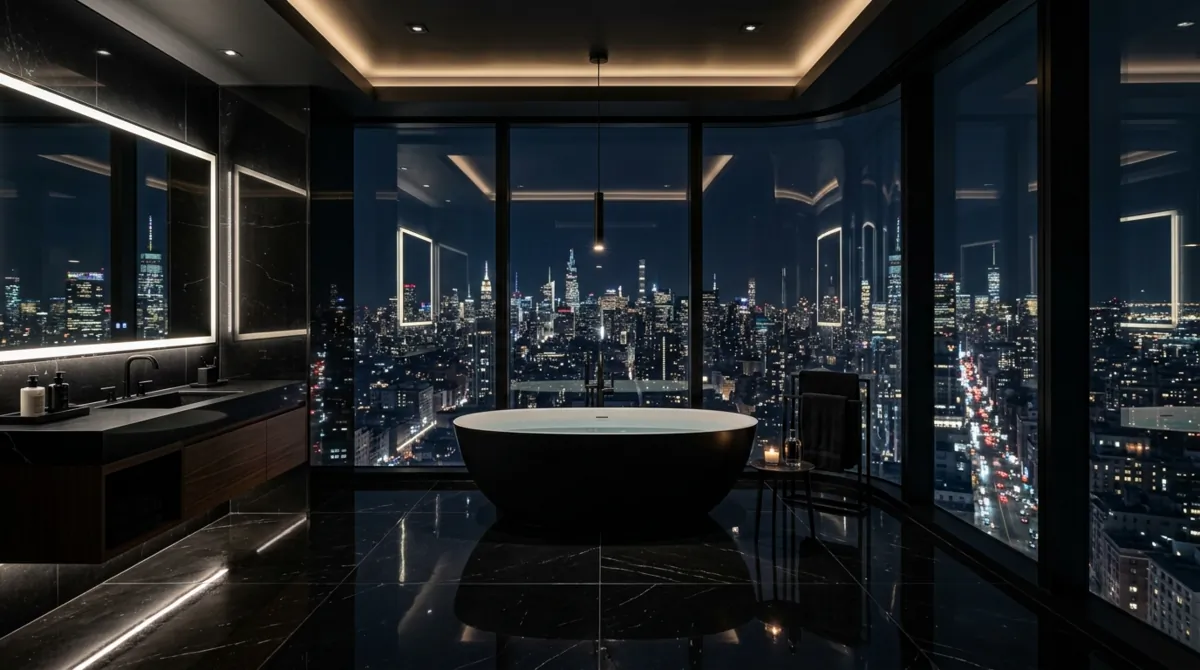 Penthouse bathroom with black glass walls, night city view, glossy surfaces, and centered freestanding tub.