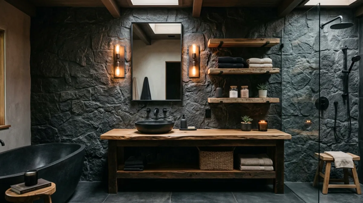 Rustic modern black bathroom with charcoal stone walls, natural wood shelves, and warm sconces.