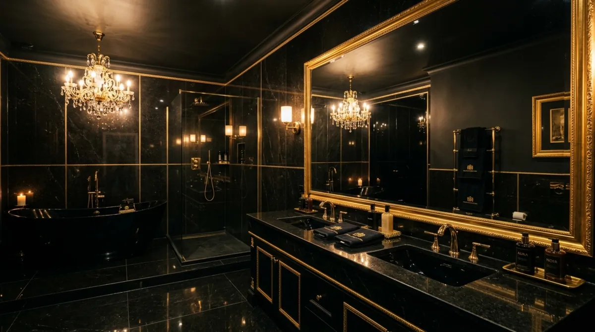 Ultra luxury black bathroom with polished granite, gold trim, oversized mirror, and chandelier glow.