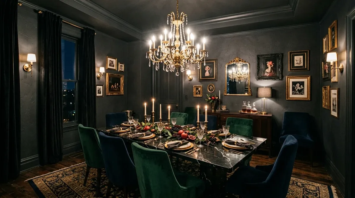 Moody dining room with charcoal walls, velvet chairs, black marble table, and gold chandelier.