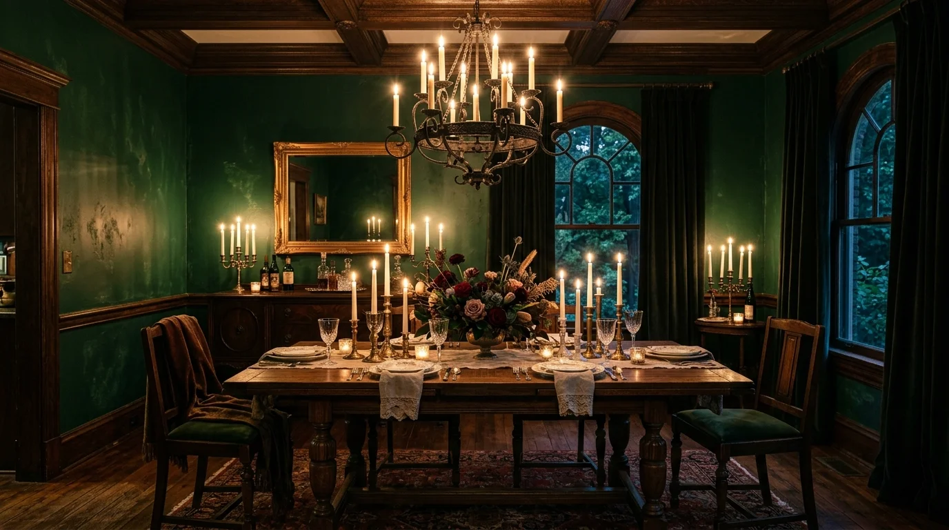 Dark romantic dining room with forest green walls, antique table, candle-style lighting, and layered textures.