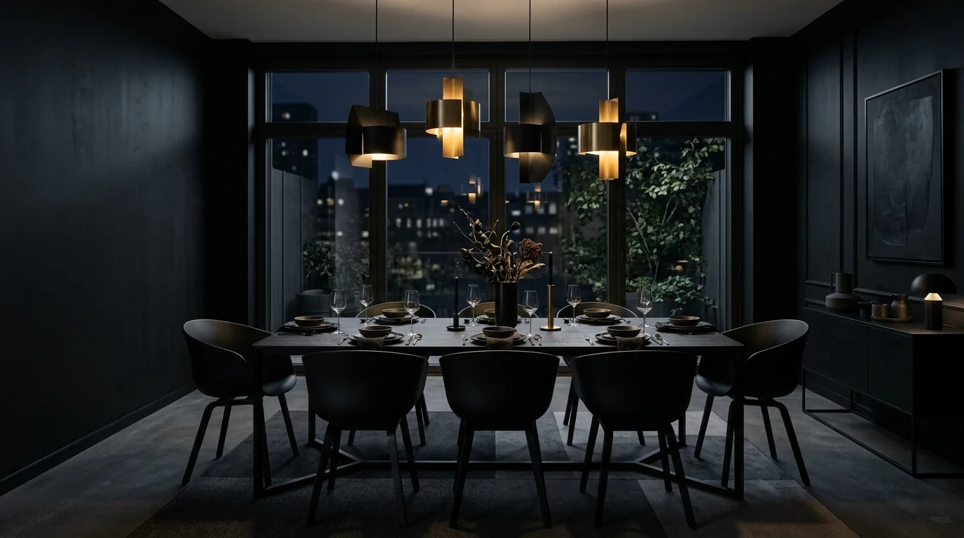 Modern moody dining room with black walls, sculptural pendants, and sleek black dining set.