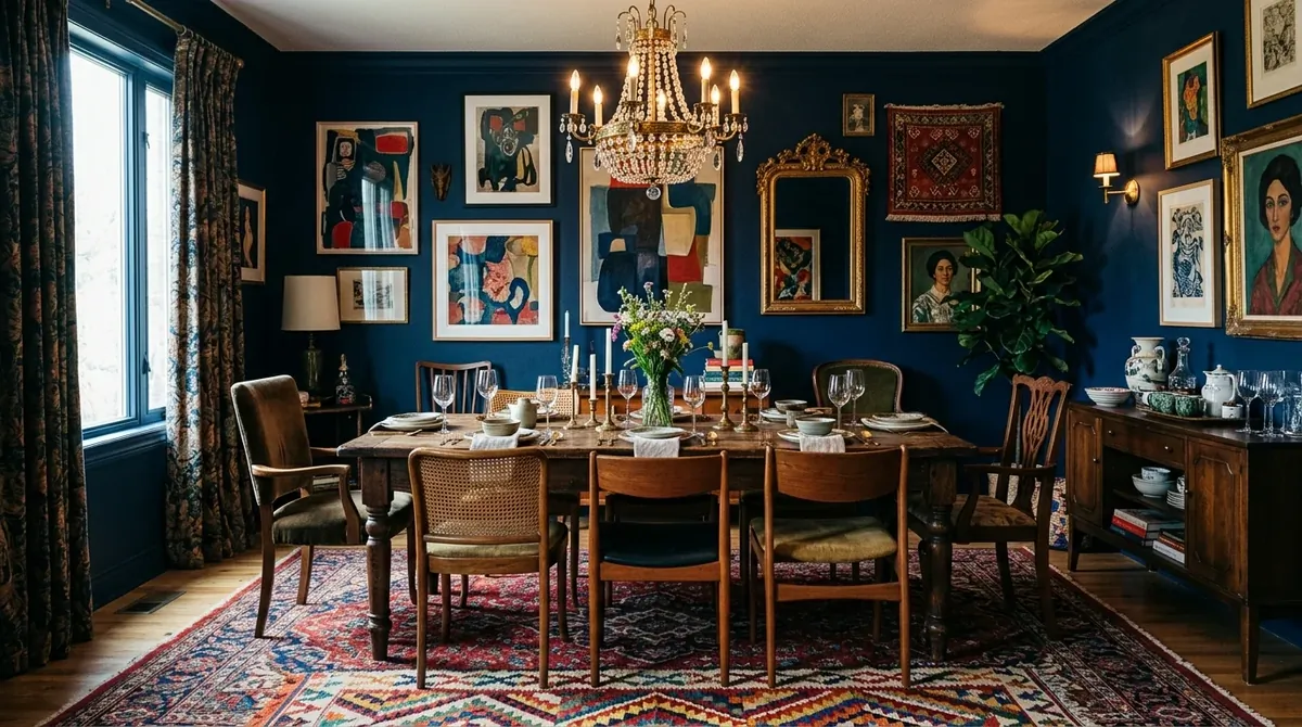Eclectic dining room with navy walls, mixed vintage furniture, patterned rug, and bold artwork.