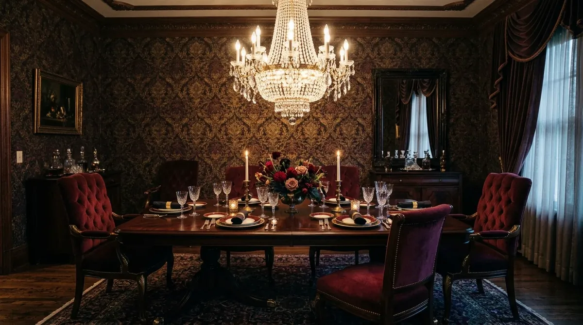 Luxury moody dining room with burgundy chairs, dark wood table, crystal chandelier, and textured wallpaper.