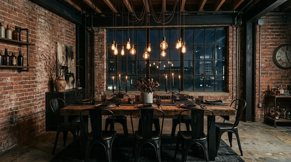 Industrial moody dining room with exposed brick, black metal furniture, and dim Edison bulb glow.