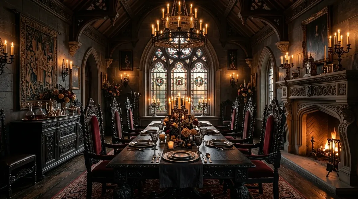 Gothic dining room with ornate black furniture, stained glass accents, and candlelit ambiance.