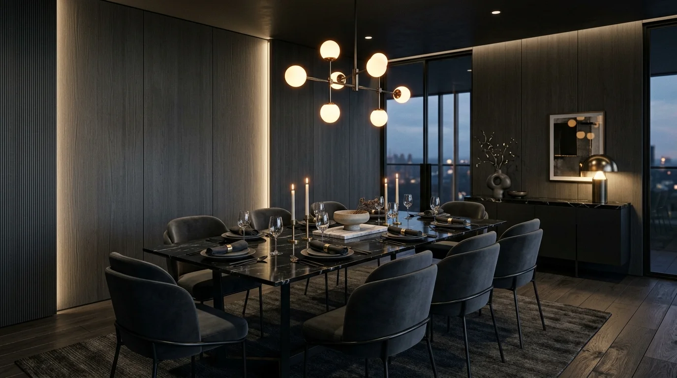 Contemporary dark dining room with charcoal panel walls, marble surfaces, and warm accent lighting.
