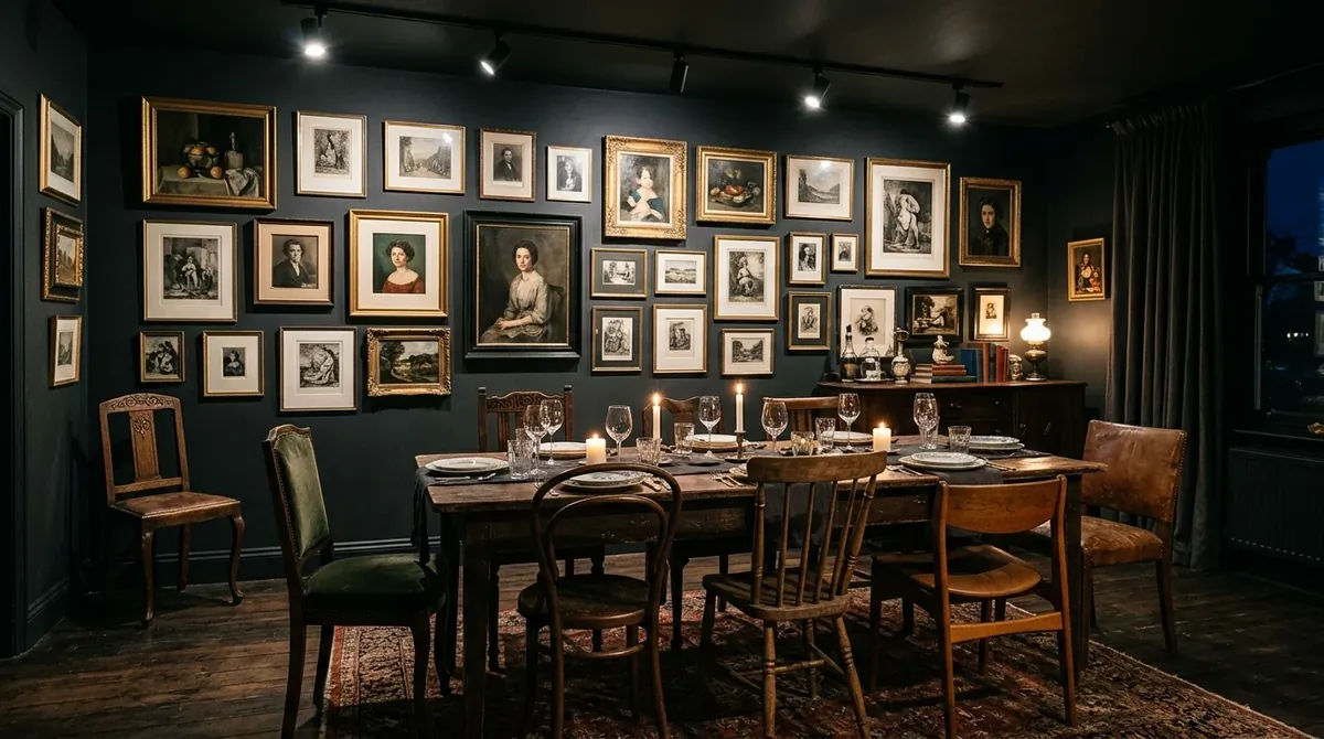Artistic moody dining room with dark walls, gallery art, mismatched chairs, and dramatic spot lighting.