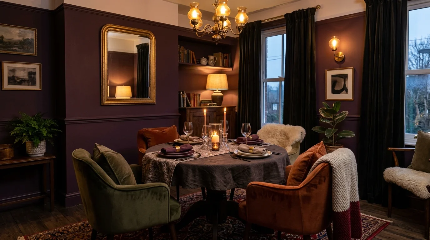 Cozy moody dining room with plum walls, upholstered seating, layered textiles, and warm ambient light.