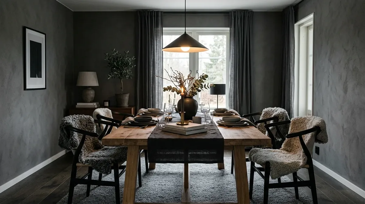 Scandinavian dark dining room with charcoal tones, natural wood table, wool textures, and simple lighting.