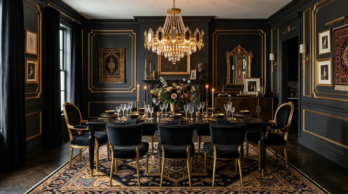 Luxe eclectic dining room with black-and-gold palette, velvet textures, chandelier, and patterned rug.