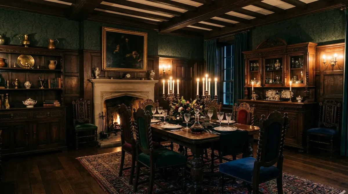Vintage moody dining room with dark wood, antique cabinets, jewel-toned accents, and candlelit warmth.