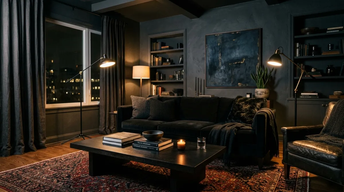 Moody living room with charcoal walls, black velvet sofa, dark wood table, and warm floor lamps.