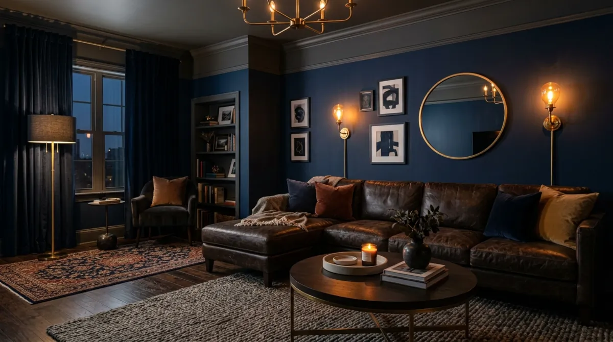 Dark living room with navy walls, leather sectional, brass lights, and amber glow.