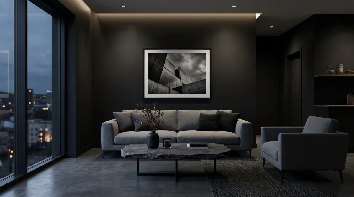 Minimal moody living room with matte black walls, gray furniture, stone table, and recessed lighting.