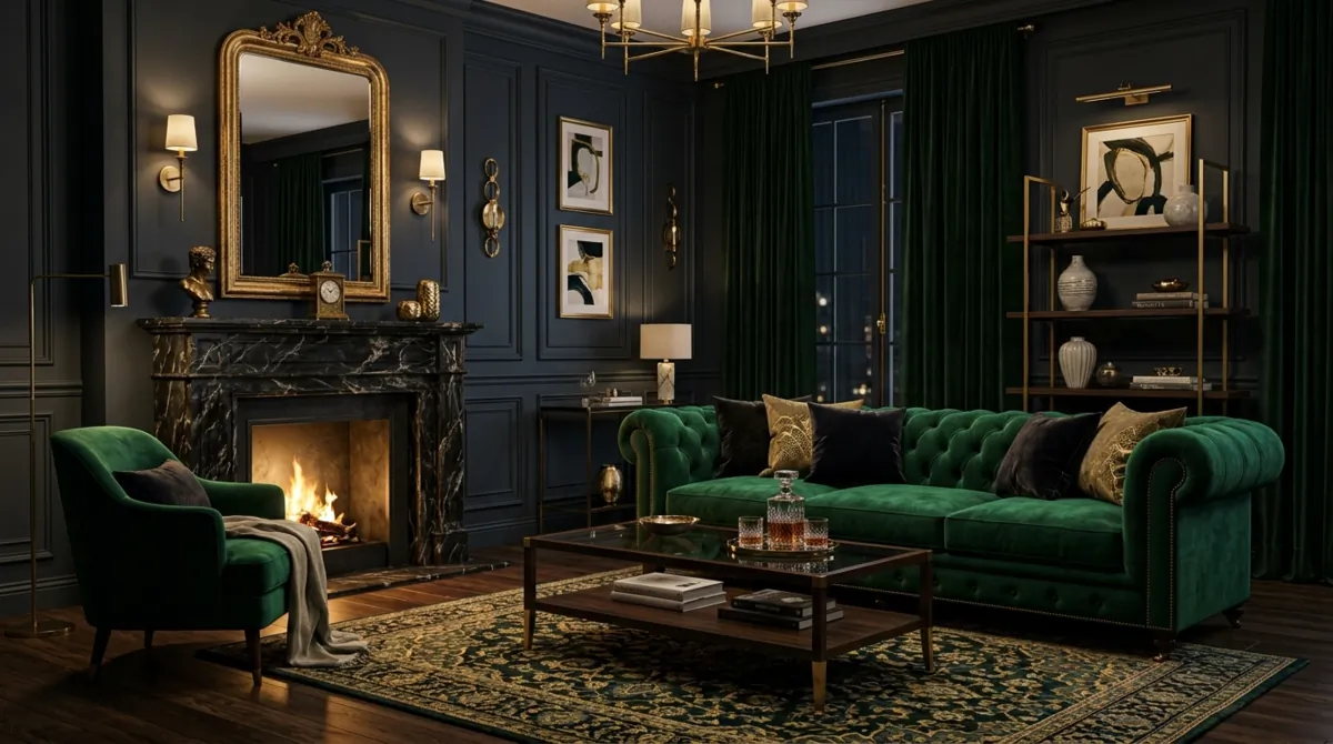 Luxury dark living room with emerald sofa, gold accents, marble fireplace, and dim lighting.